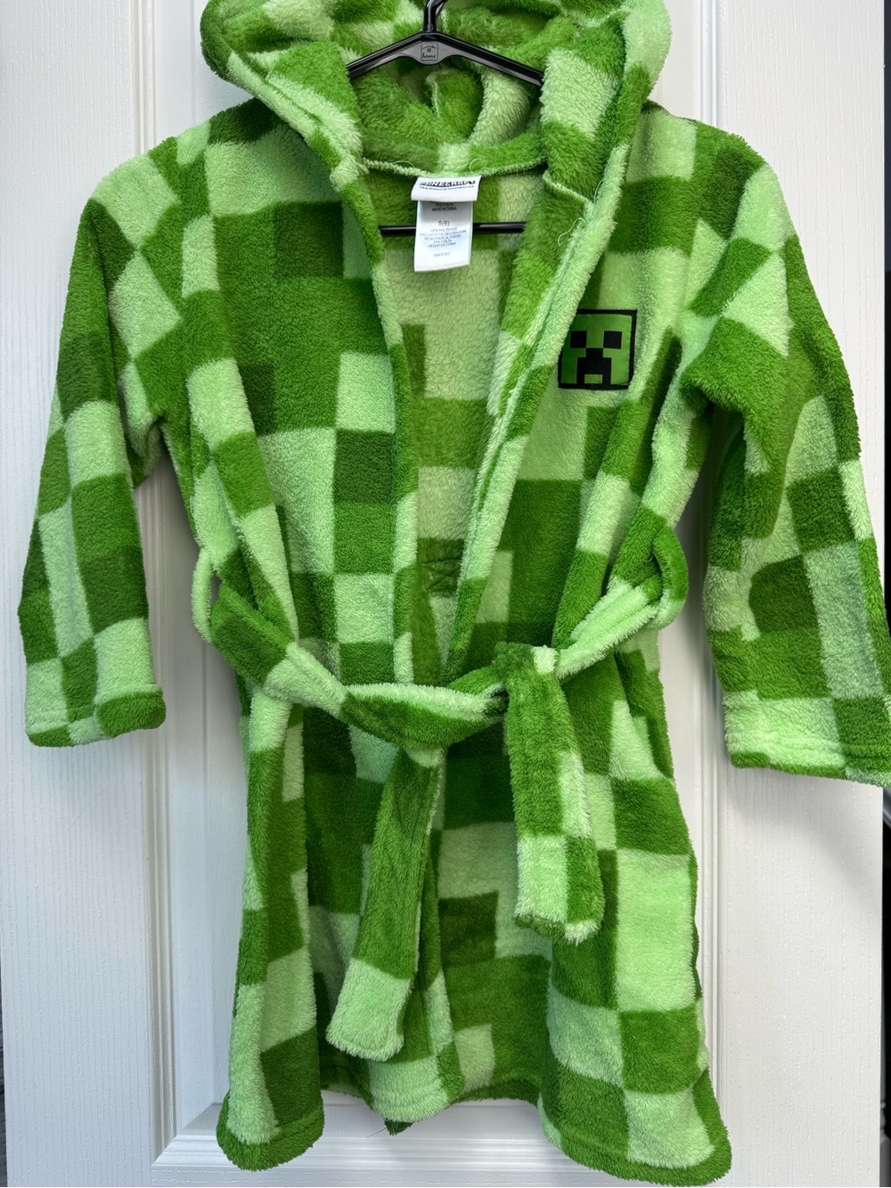 Kids' Minecraft Green Checkered Hooded Robe with Creeper Face - Plush Fleece